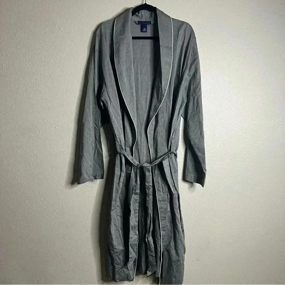 POLO RALPH LAUREN sz S / M 100% Cotton Gray Embroidered Pony  Logo Kimono Robe